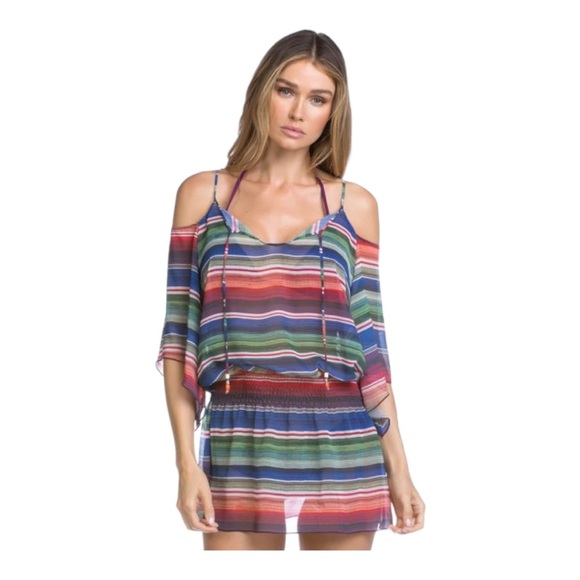 Becca cold shoulder swim cover up. Striped elastic waist XSmall - Picture 1 of 12